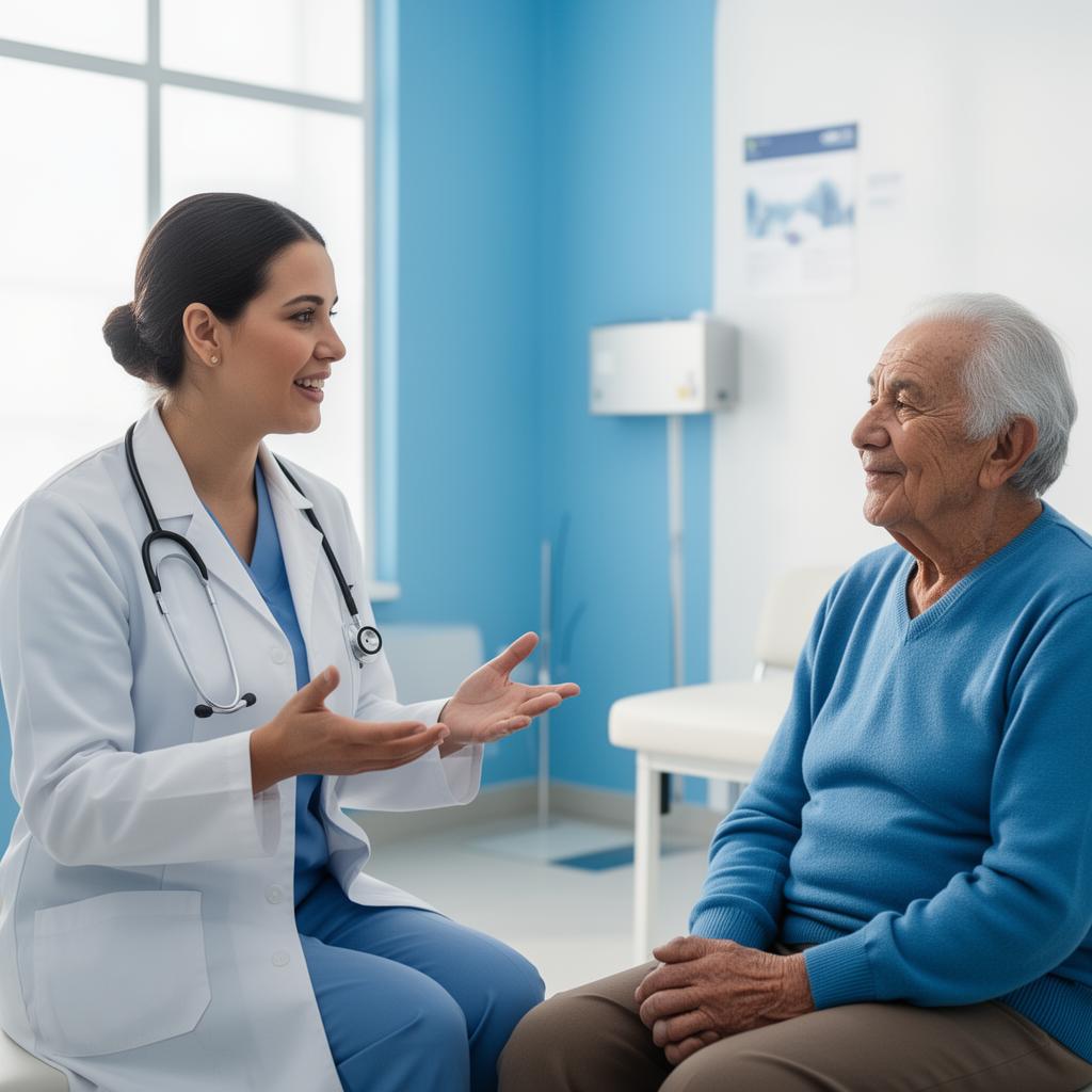Médica conversando com idoso paciente sobre plano individual em Niterói